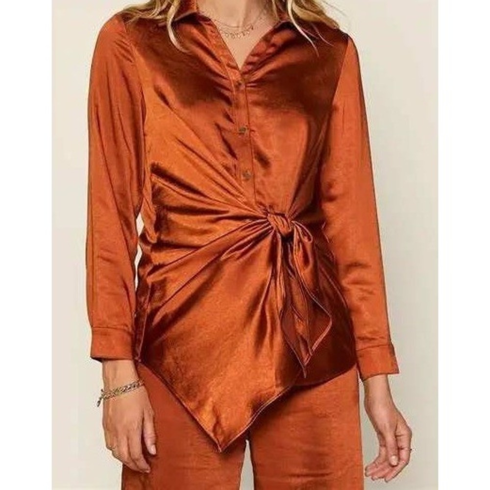 Skies are Blue Tunic Top Bronze Satin Tie Front Collar Long Sleeve‎ Women 1X NEW